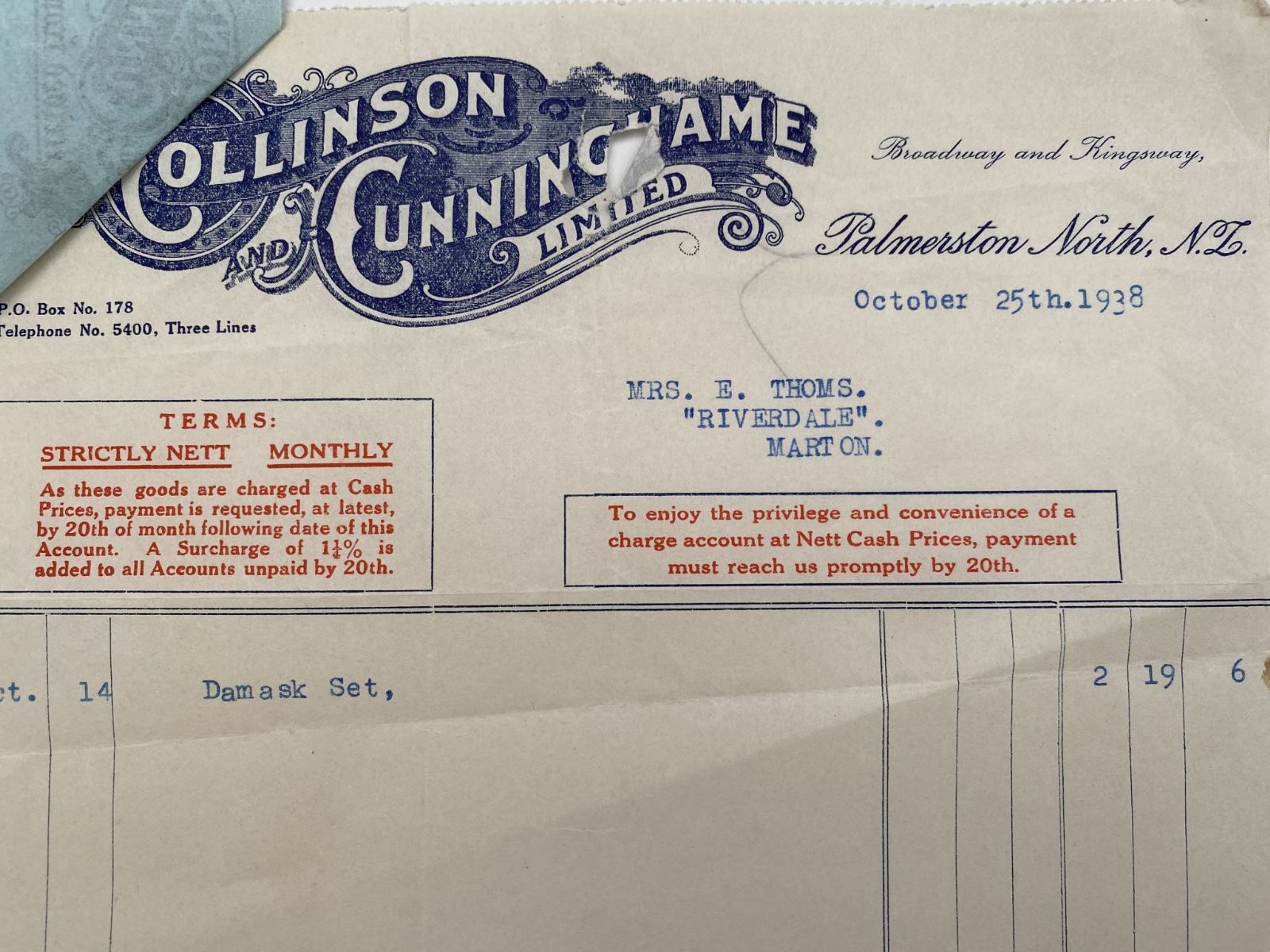 OLD INVOICE / RECEIPT: Collinson & Cunningham Ltd. Palmerston North 1938