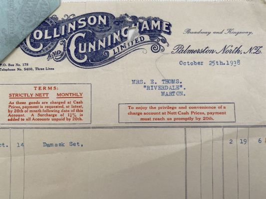 OLD INVOICE / RECEIPT: Collinson & Cunningham Ltd. Palmerston North 1938 