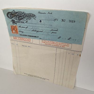 OLD INVOICE / RECEIPT: Collinson & Cunningham Ltd. Palmerston North 1938