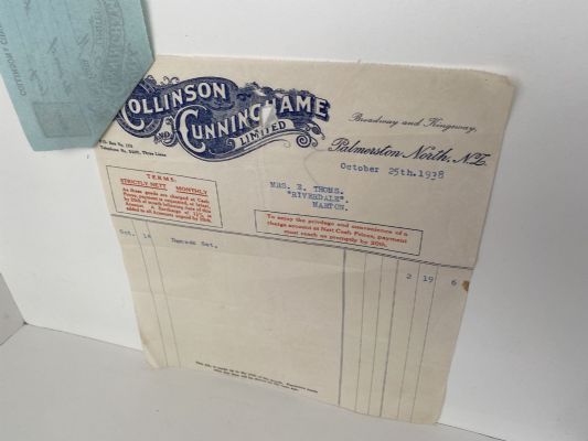 OLD INVOICE / RECEIPT: Collinson & Cunningham Ltd. Palmerston North 1938