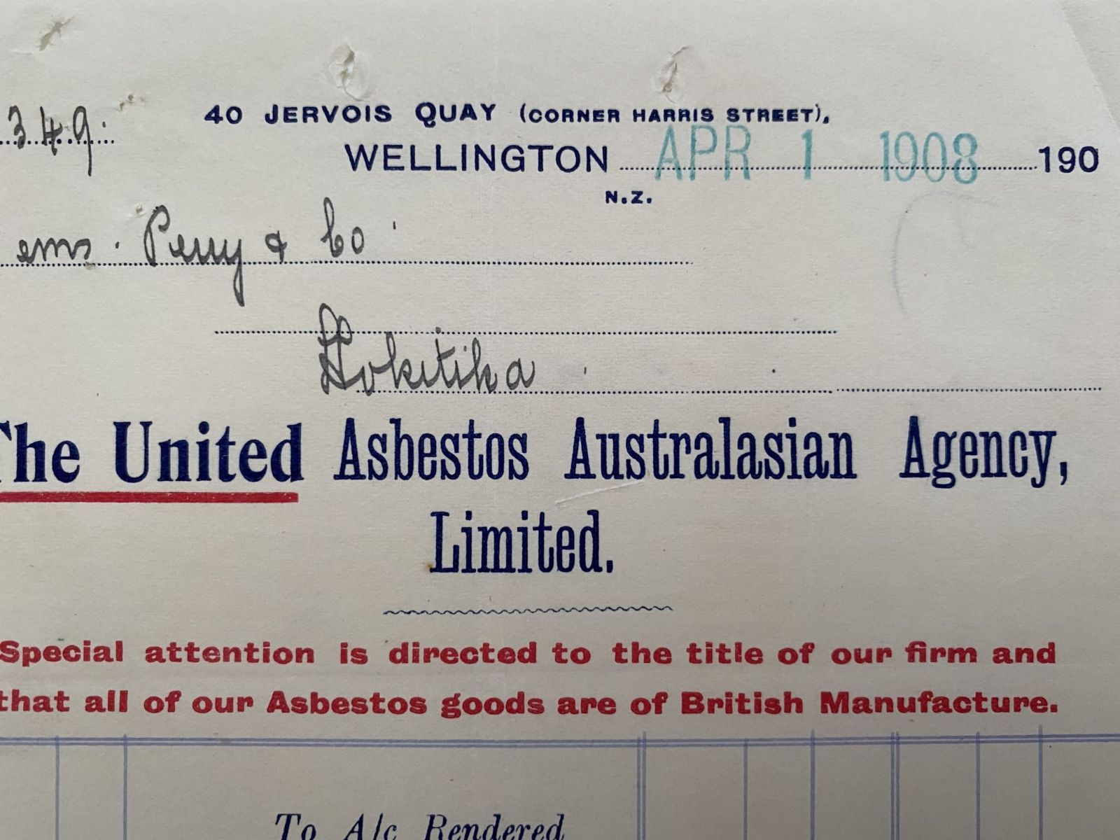 ANTIQUE INVOICE: United Asbestos Australasian Agency Ltd Wellington 1908