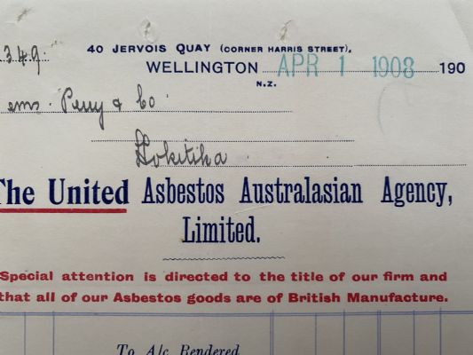 ANTIQUE INVOICE: United Asbestos Australasian Agency Ltd Wellington 1908 