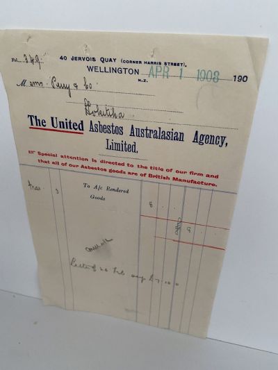 ANTIQUE INVOICE: United Asbestos Australasian Agency Ltd Wellington 1908