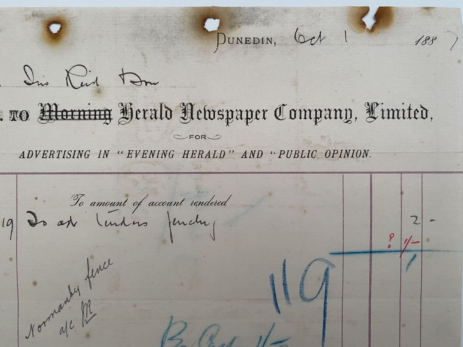 ANTIQUE INVOICE: Herald Newspaper Company Ltd, Dunedin 1881