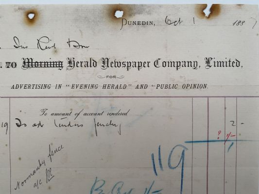 ANTIQUE INVOICE: Herald Newspaper Company Ltd, Dunedin 1881 