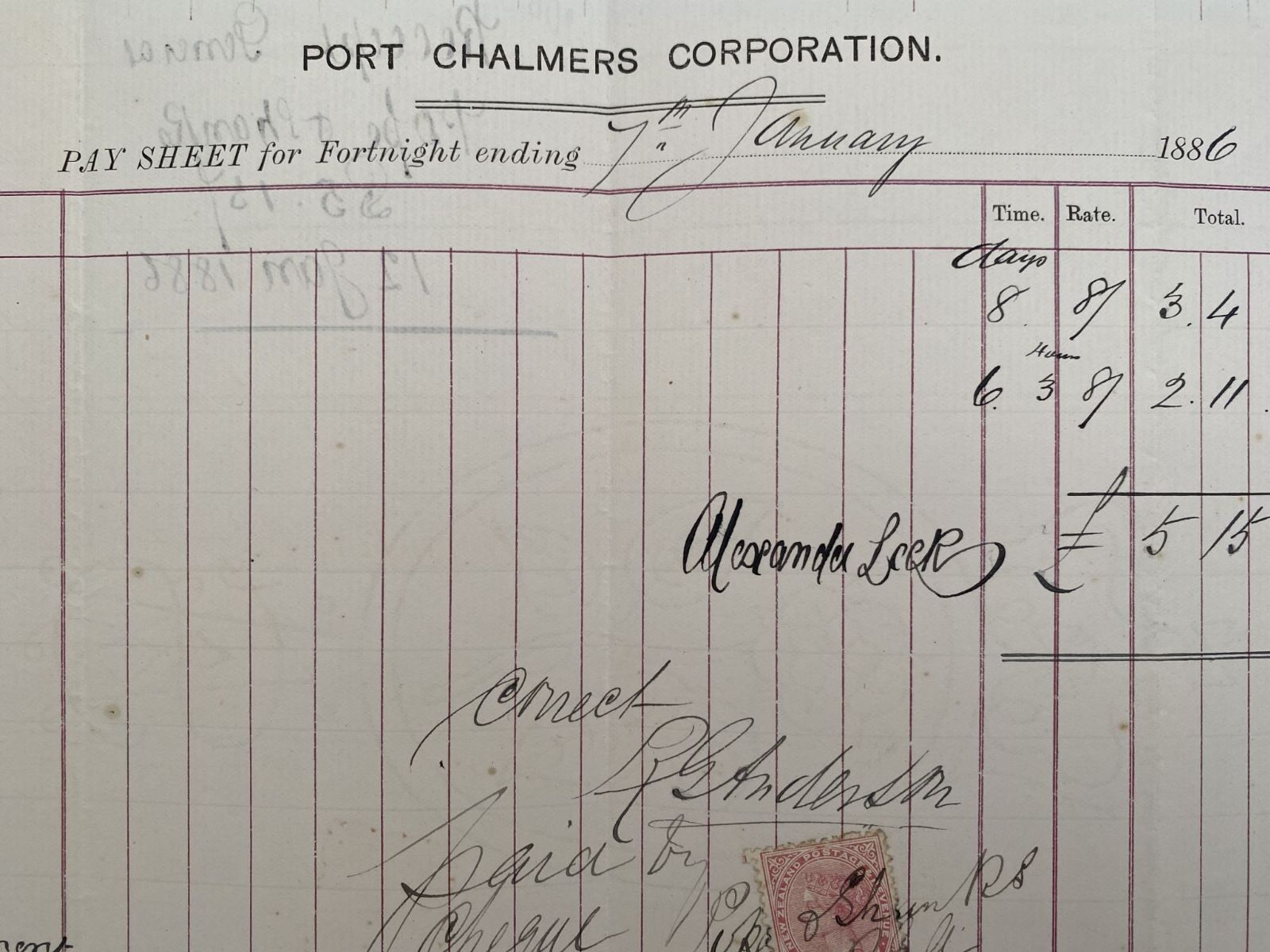 ANTIQUE PAY SHEET: Port Chalmers Corporation 1886
