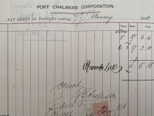 ANTIQUE PAY SHEET: Port Chalmers Corporation 1886 