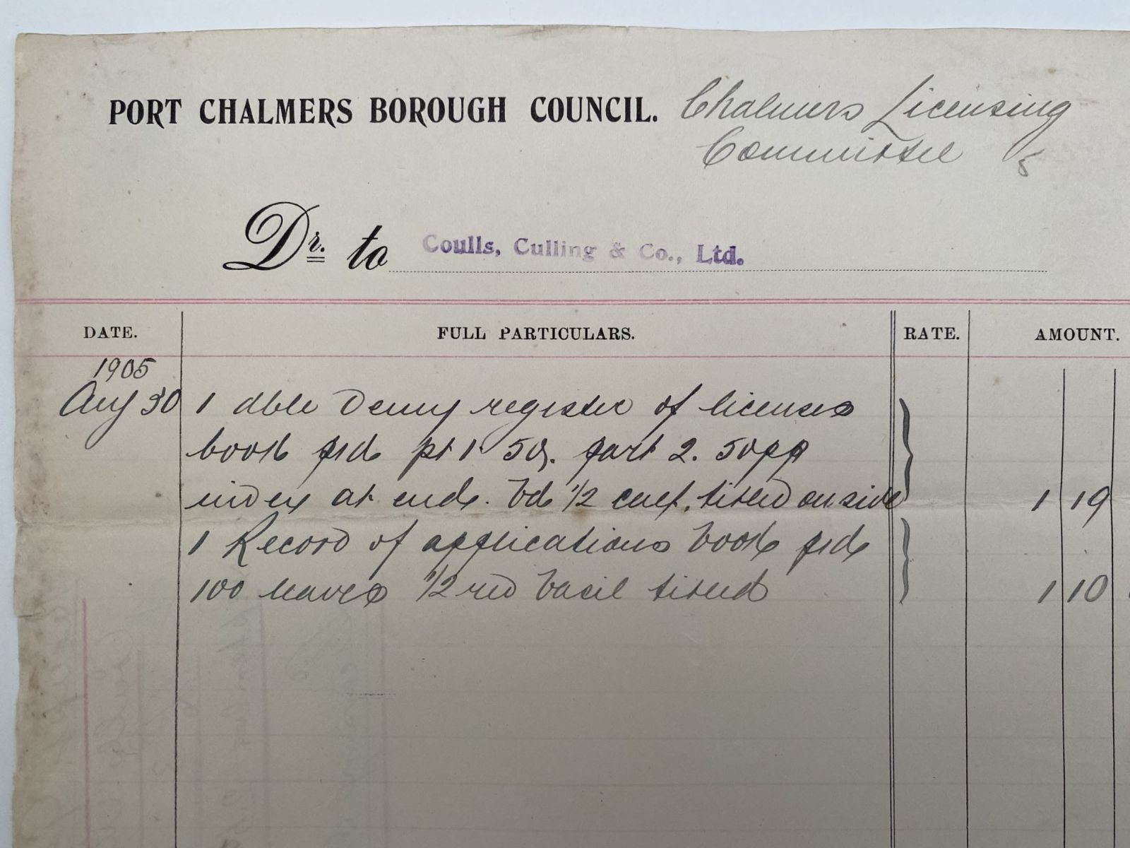 ANTIQUE INVOICE / RECEIPT: Port Chalmers Borough Council 1905