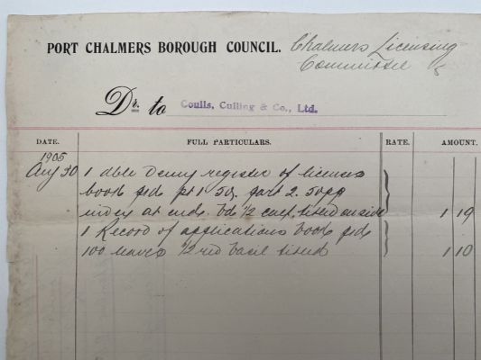 ANTIQUE INVOICE / RECEIPT: Port Chalmers Borough Council 1905 