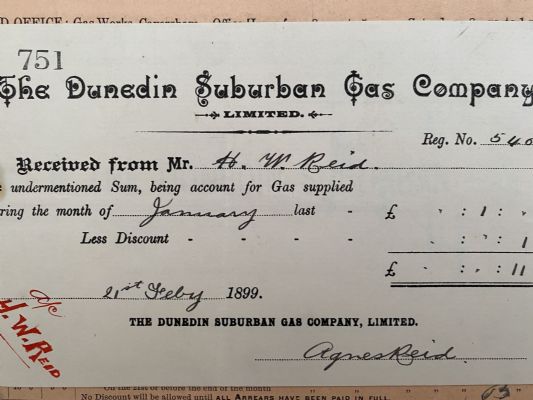 ANTIQUE INVOICE / RECEIPT: Dunedin Suburban Gas Co. 1899 