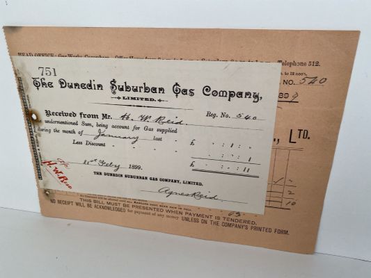 ANTIQUE INVOICE / RECEIPT: Dunedin Suburban Gas Co. 1899