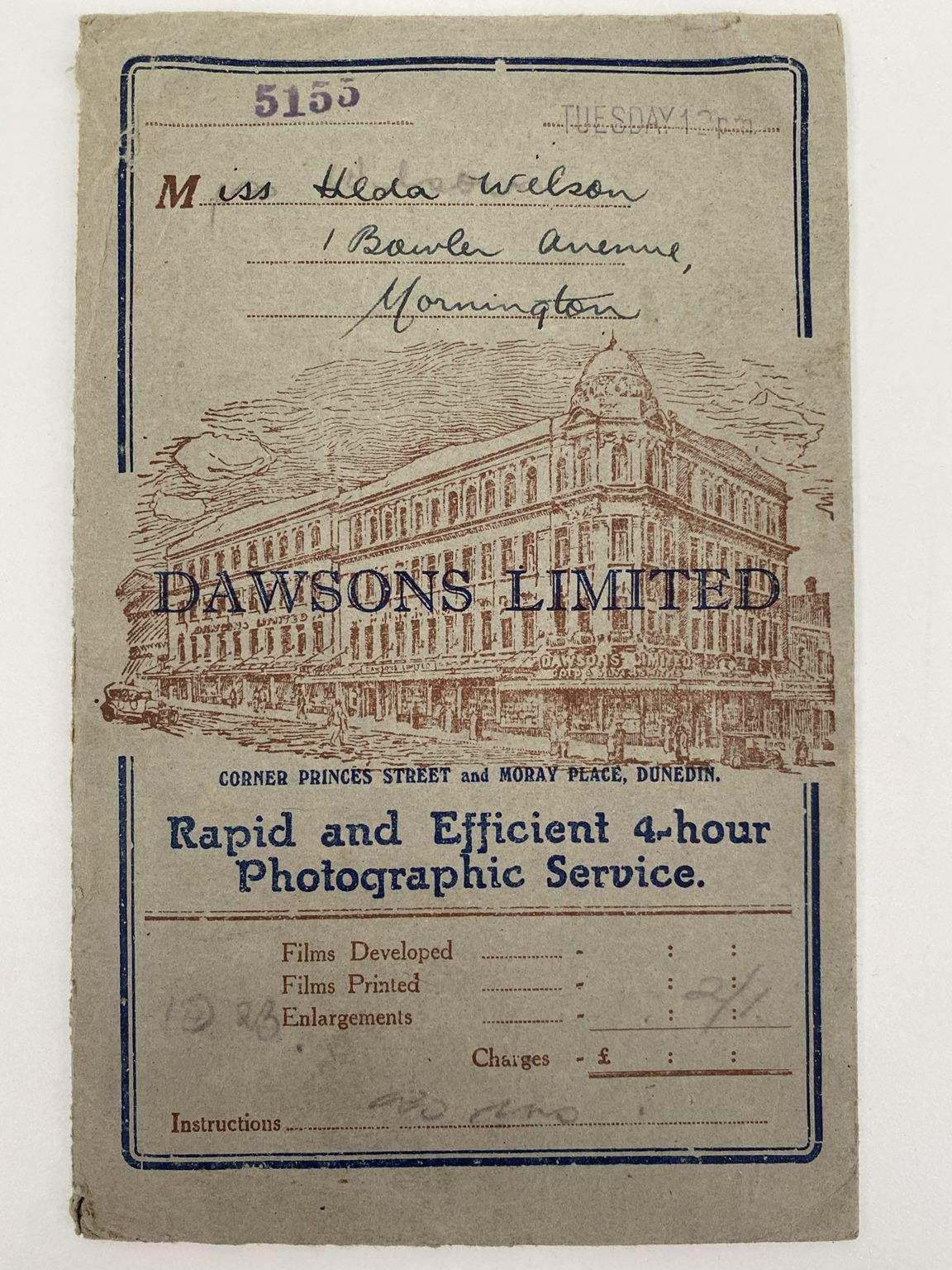 OLD PHOTO / NEGATIVE WALLET: Dawson's Ltd, Dunedin