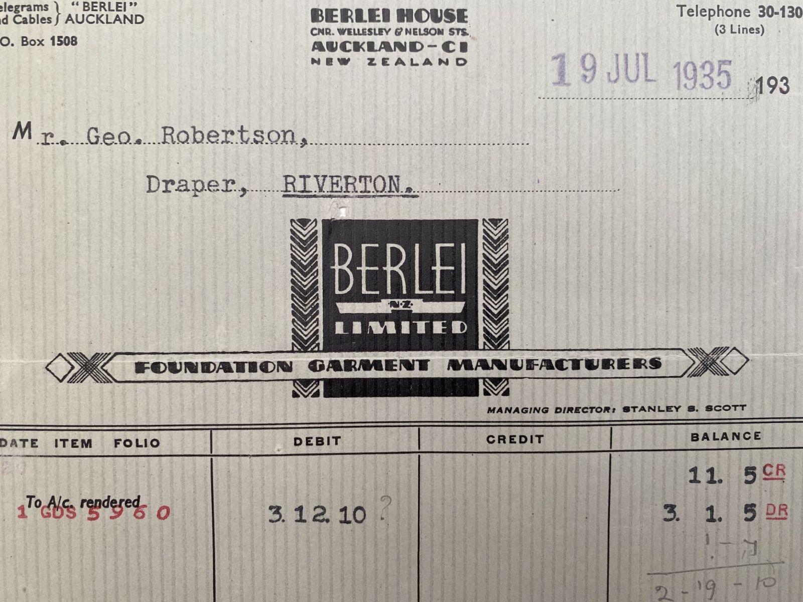 OLD INVOICE: Berlie Ltd, Auckland - Foundation Garment Manufacturers 1935