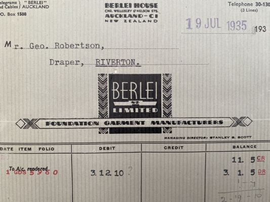 OLD INVOICE: Berlie Ltd, Auckland - Foundation Garment Manufacturers 1935 