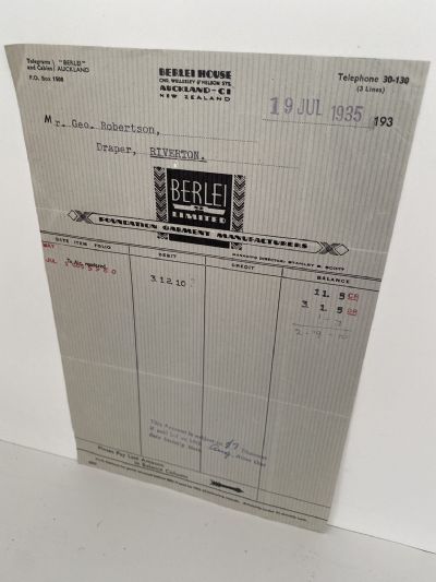 OLD INVOICE: Berlie Ltd, Auckland - Foundation Garment Manufacturers 1935