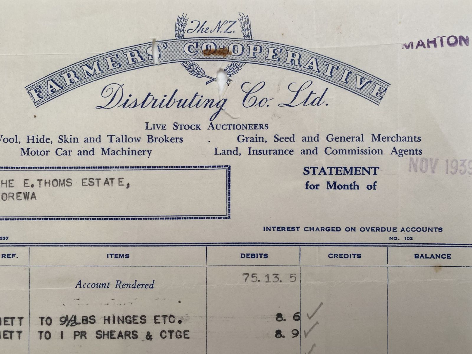 OLD INVOICE / RECEIPT: Farmer's Co-operative Distributing Ltd, Marton 1939