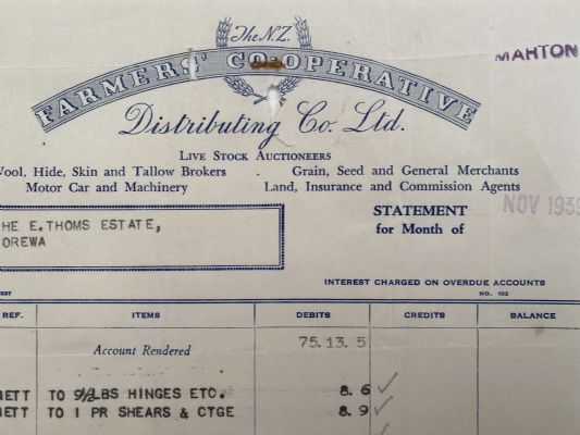 OLD INVOICE / RECEIPT: Farmer's Co-operative Distributing Ltd, Marton 1939 