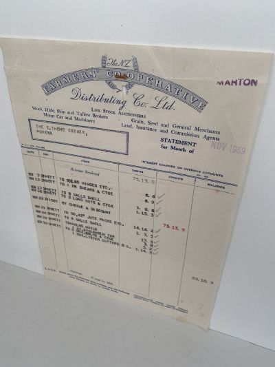 OLD INVOICE / RECEIPT: Farmer's Co-operative Distributing Ltd, Marton 1939