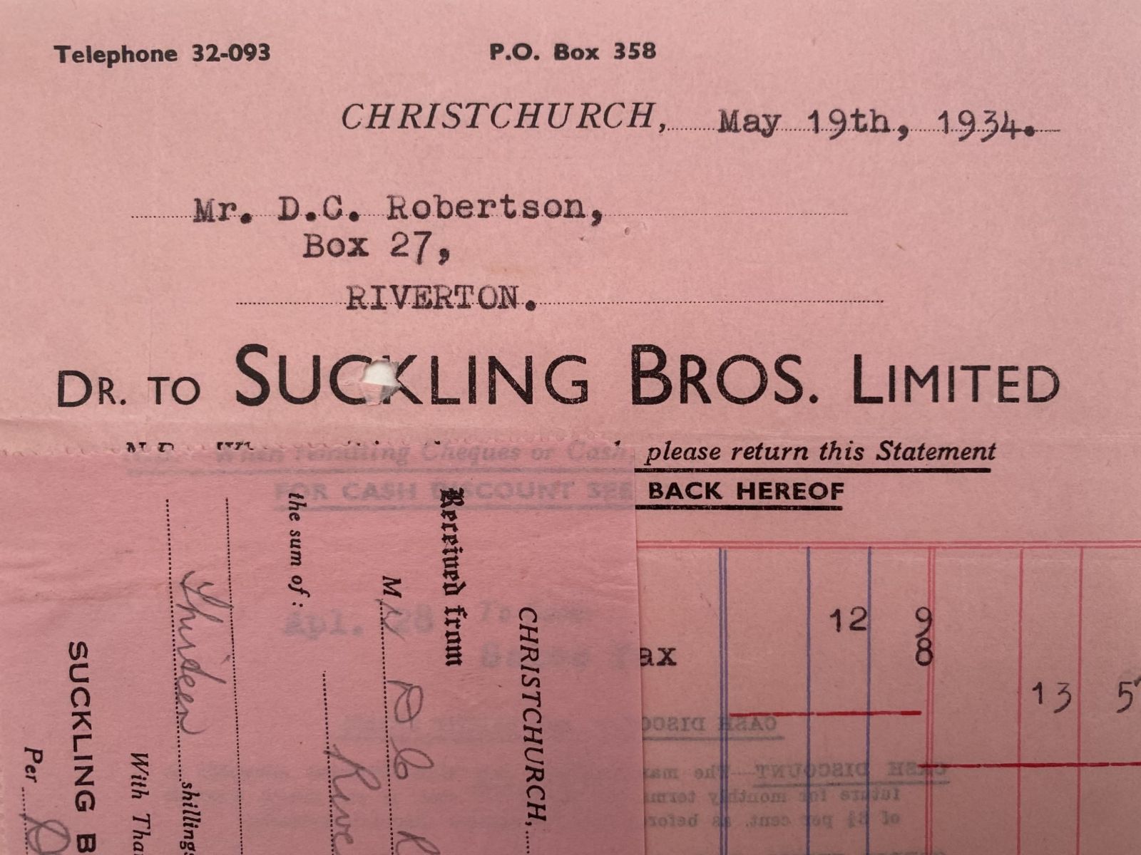 OLD INVOICE / RECEIPT: Suckling Bros Ltd, Christchurch 1934