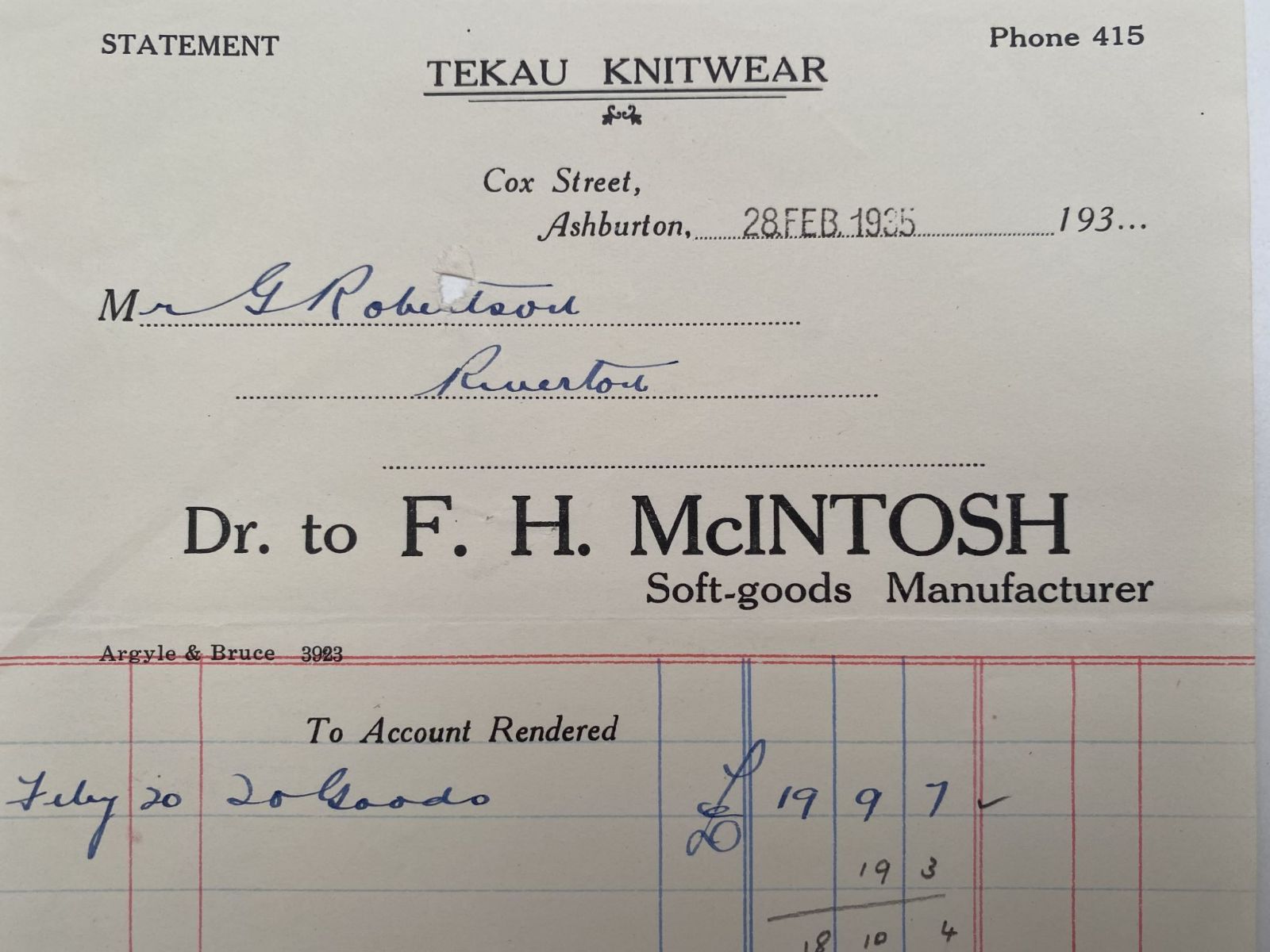 OLD INVOICE / RECEIPT: F.H. Macintosh, Ashburton - Soft Goods 1935