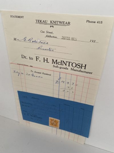 OLD INVOICE / RECEIPT: F.H. Macintosh, Ashburton - Soft Goods 1935