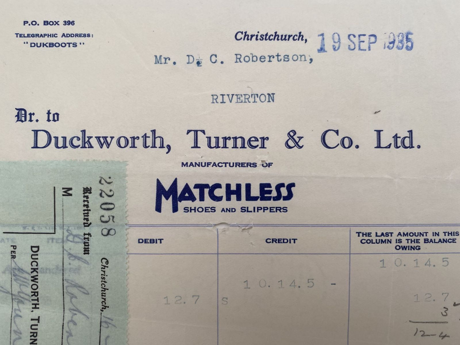 OLD INVOICE / RECEIPT: Duckworth, Turner & Co Ltd, Christchurch 1935