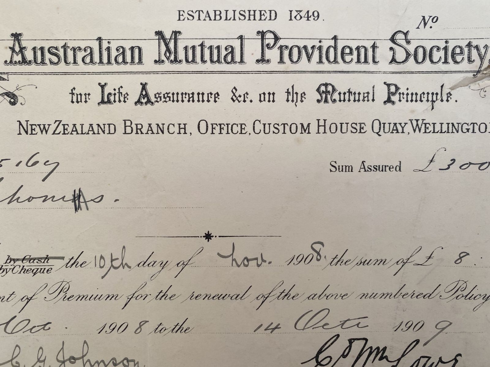 ANTIQUE RECEIPT: Australian Mutual Provident Society 1908
