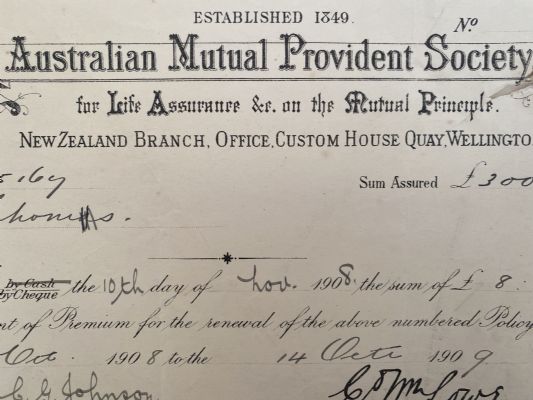 ANTIQUE RECEIPT: Australian Mutual Provident Society 1908 