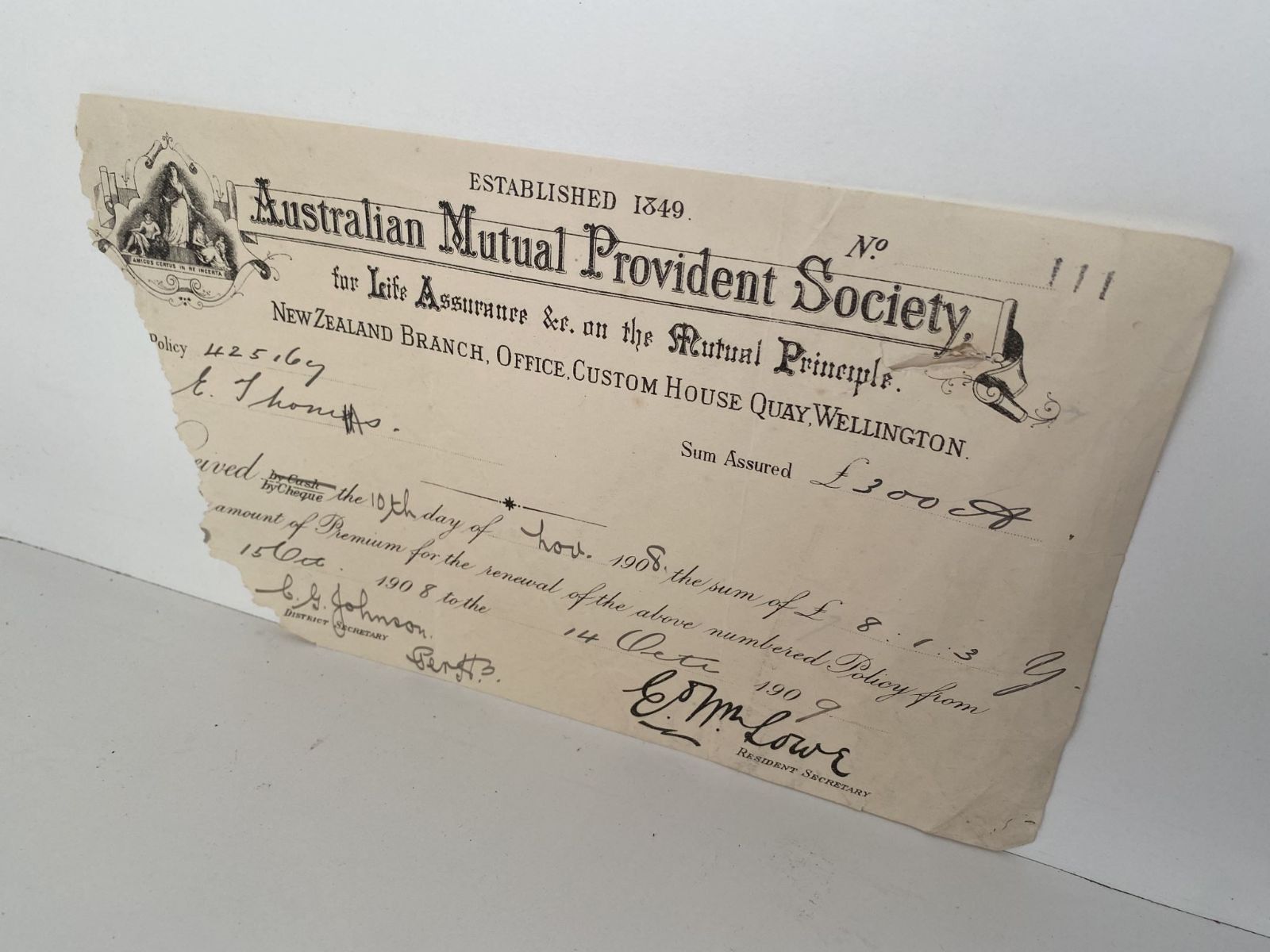 ANTIQUE RECEIPT: Australian Mutual Provident Society 1908