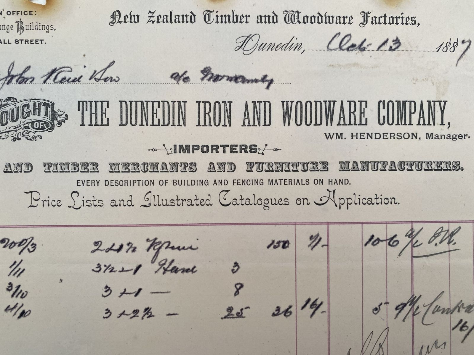 ANTIQUE INVOICE / RECEIPT: Dunedin Iron and Woodware Co. 1887
