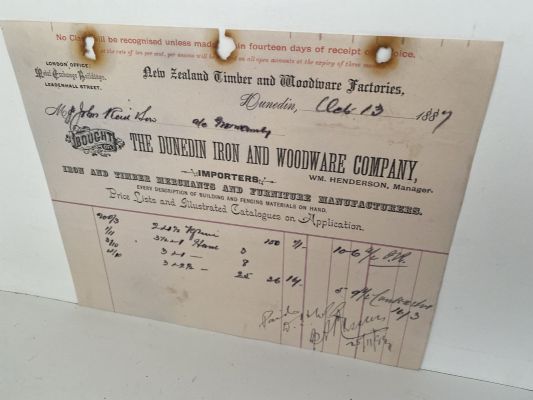 ANTIQUE INVOICE / RECEIPT: Dunedin Iron and Woodware Co. 1887