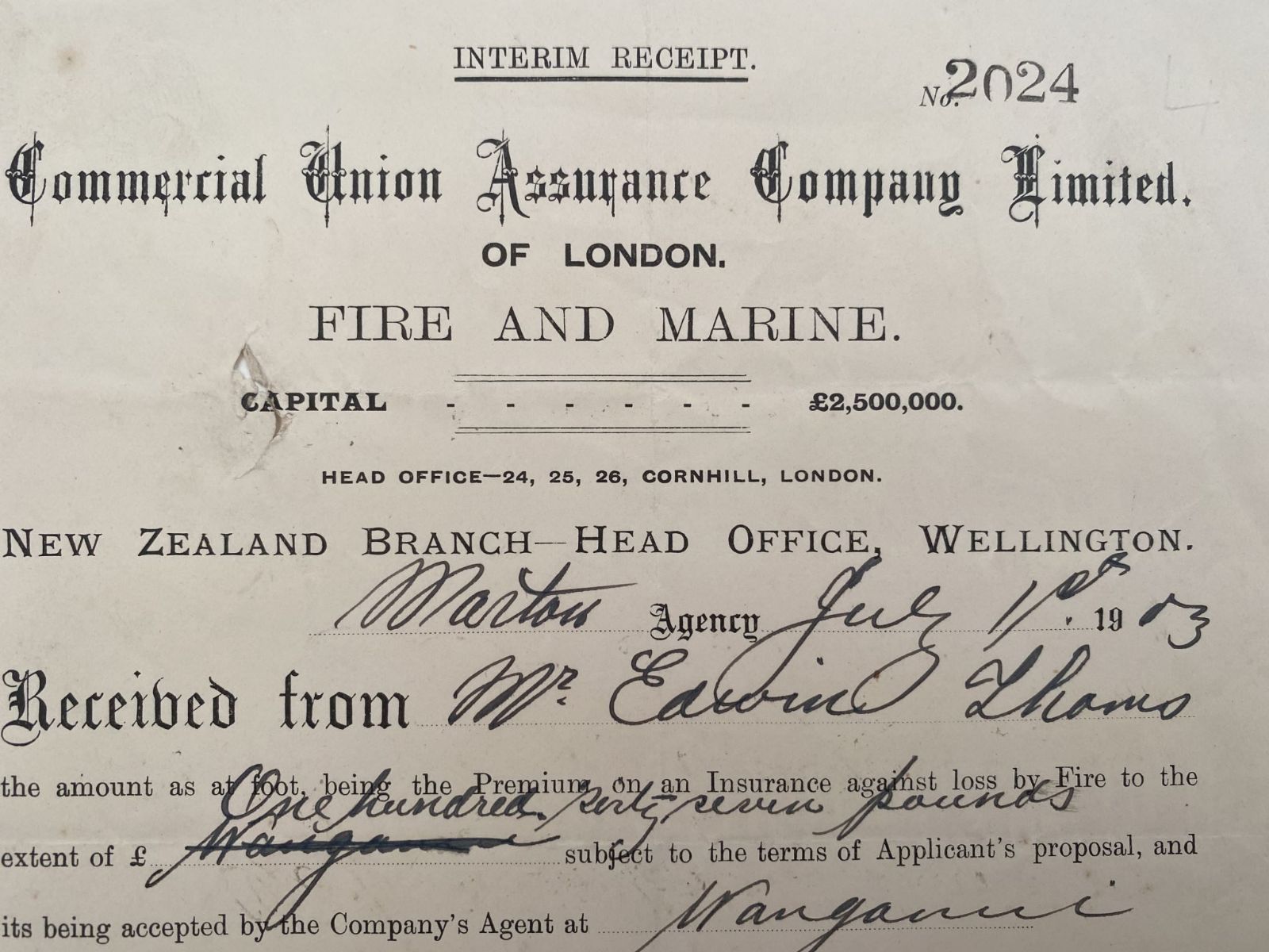 ANTIQUE DOCUMENT: Policy renewal - Commercial Union Assurance Company Ltd. 1903