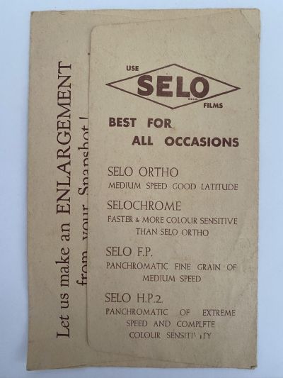 OLD PHOTO / NEGATIVE WALLET: Selo Film - E.C Ayres Ltd, Chemist, Timaru 1940s