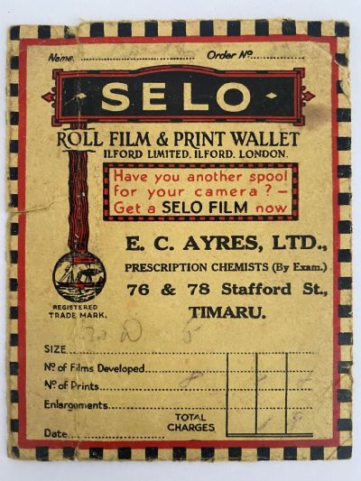 OLD PHOTO / NEGATIVE WALLET: Selo Film - E.C Ayres Ltd, Chemist, Timaru 1940s