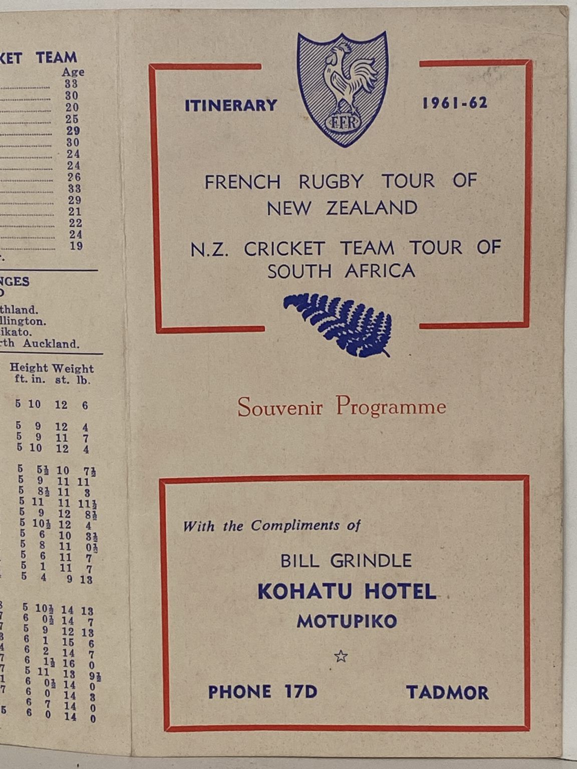 French Rugby Tour of New Zealand - NZ Cricket Team Tour of South Africa 1961-62