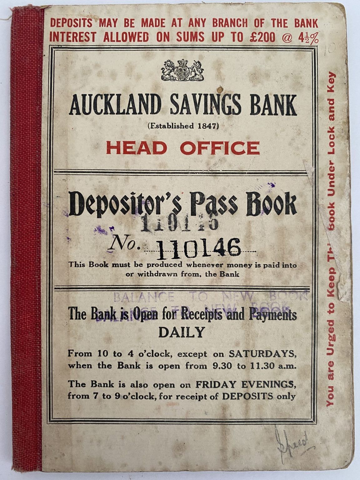 Auckland Savings Bank - Depositors Pass Book 1925