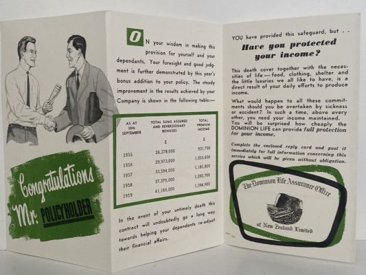 OLD INSURACE POLICY: Dominion Life Assurance Office of New Zealand 1950s