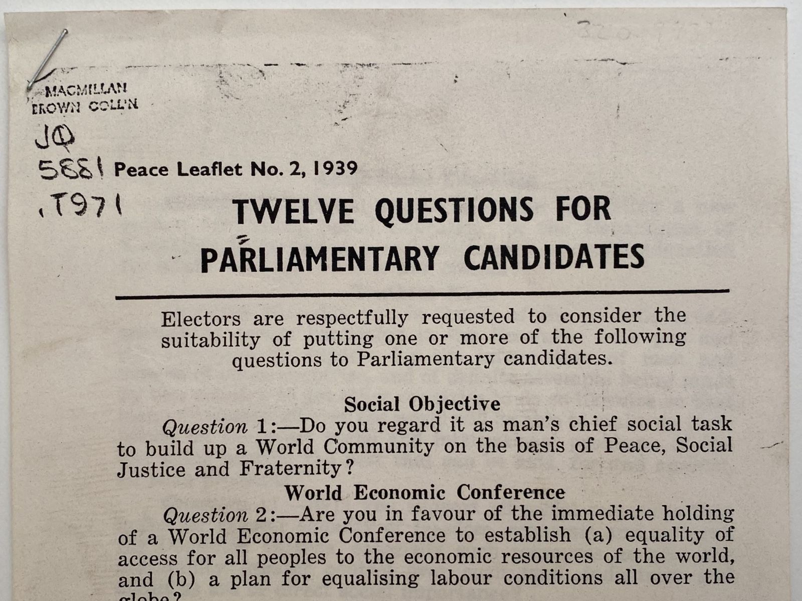 OLD DOCUMENT: Peace Leaflet No. 2 1939
