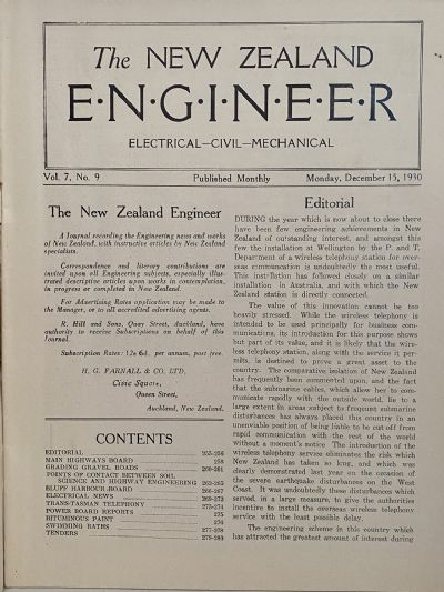 OLD MAGAZINE: The New Zealand Engineer Vol. 7, No. 9 - 15 December 1930