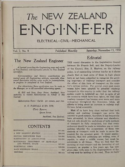 OLD MAGAZINE: The New Zealand Engineer Vol. 7, No. 8 - 15 November 1930