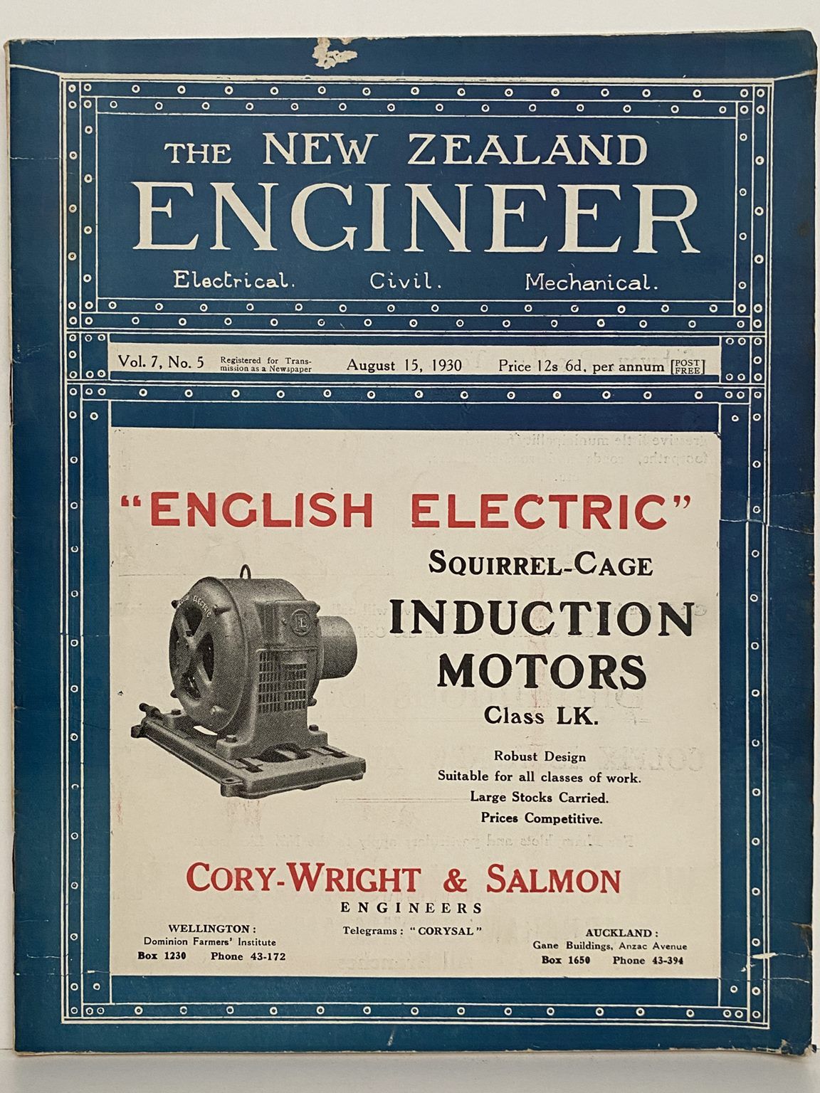 OLD MAGAZINE: The New Zealand Engineer Vol. 7, No. 5 - 15 August 1930