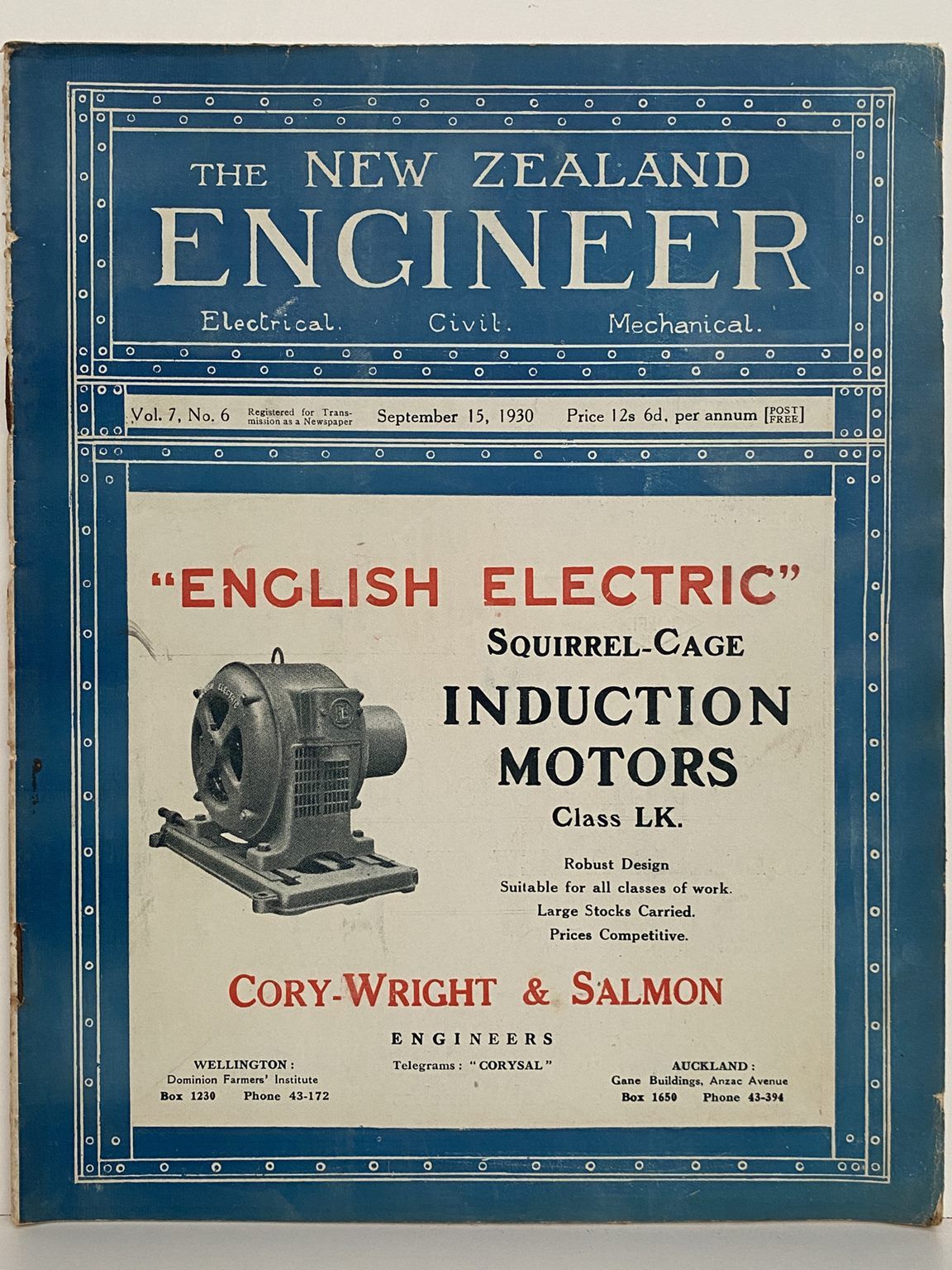 OLD MAGAZINE: The New Zealand Engineer Vol. 7, No. 6 - 15 September 1930