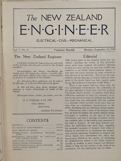 OLD MAGAZINE: The New Zealand Engineer Vol. 7, No. 6 - 15 September 1930