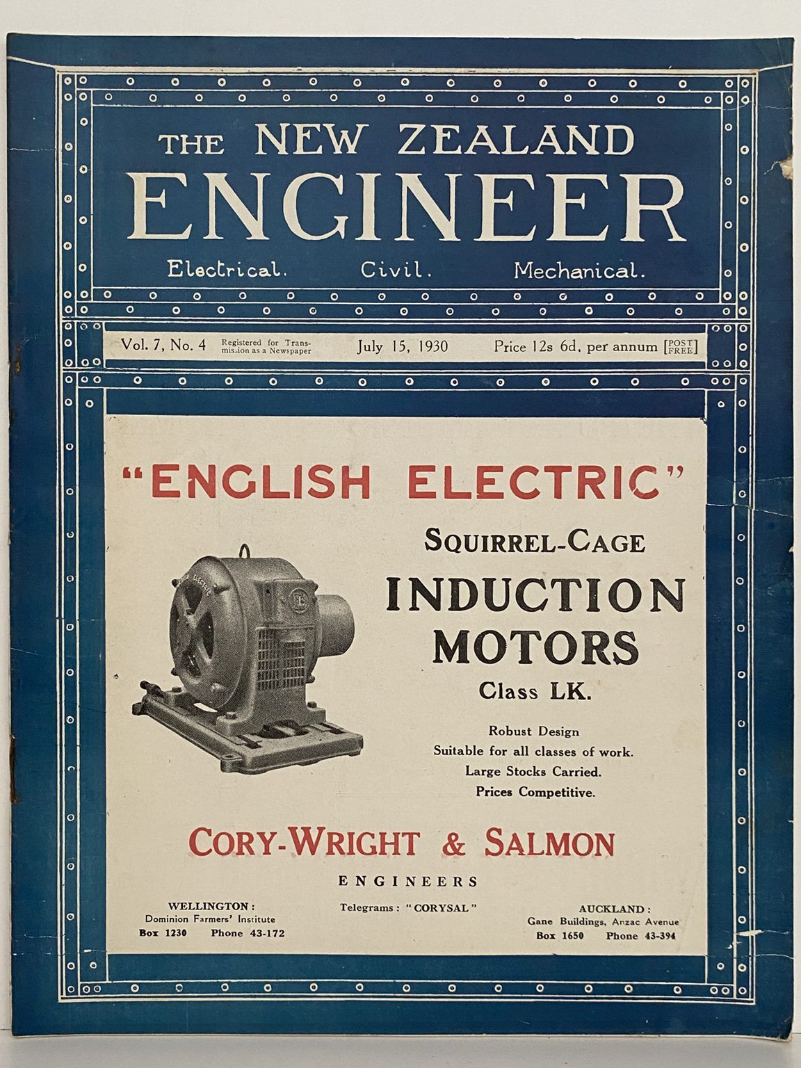 OLD MAGAZINE: The New Zealand Engineer Vol. 7, No. 4 - 15 July 1930