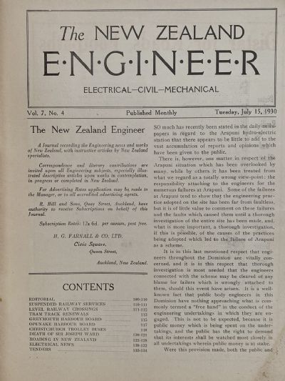 OLD MAGAZINE: The New Zealand Engineer Vol. 7, No. 4 - 15 July 1930