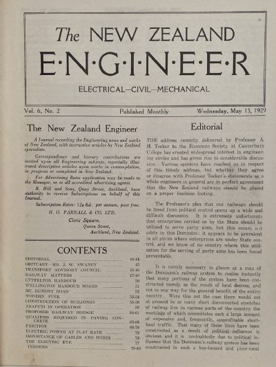 OLD MAGAZINE: The New Zealand Engineer Vol. 6, No. 2 - 15 May 1929