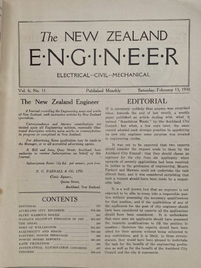 OLD MAGAZINE: The New Zealand Engineer Vol. 6, No. 11 - 15 February 1930