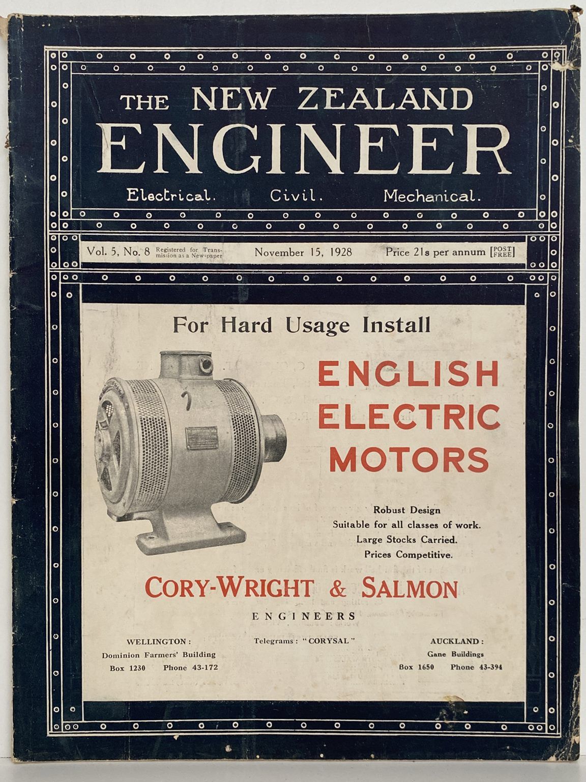 OLD MAGAZINE: The New Zealand Engineer Vol. 5, No. 8 - 15 November 1928