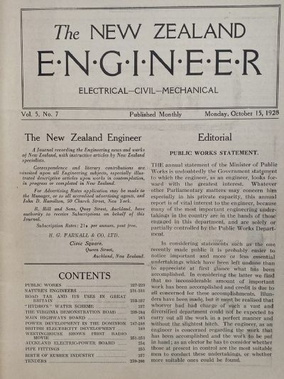OLD MAGAZINE: The New Zealand Engineer Vol. 5, No. 7 - 15 October 1928