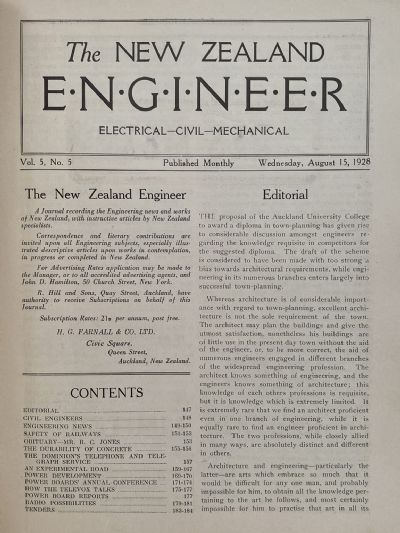 OLD MAGAZINE: The New Zealand Engineer Vol. 5, No. 5 - 15 August 1928